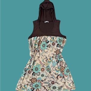 Y2K Hooded Dress Cover Up Tank Tunic‎ Women’s Medium Floral Paisley Brown Cream